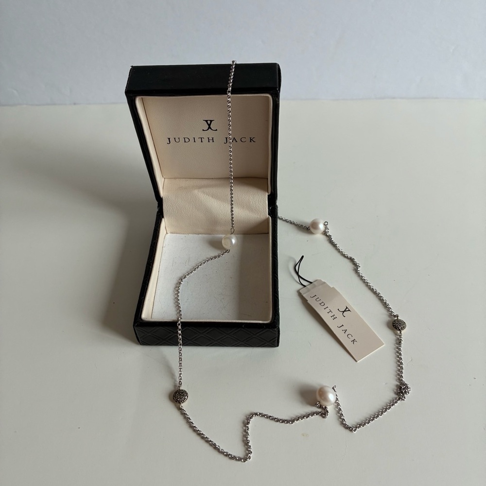 Judith Jack Vintage Silver Pearl Marcasite Station Necklace Box 26" JJ 925